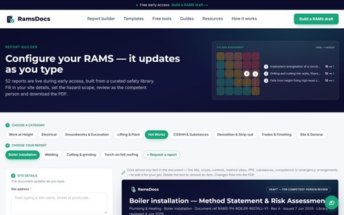 Homepage - pick a trade and build a site-specific RAMS draft in 60 seconds