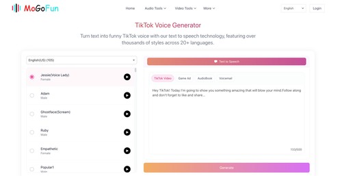 MoGoFun: TikTok Voice Generator.
Instantly generate unique voice for video, podcasts and more.