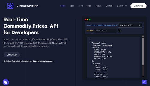 The homepage of CommodityPriceAPI showcasing its real-time developer API for 130+ assets alongside an interactive JSON data response preview.