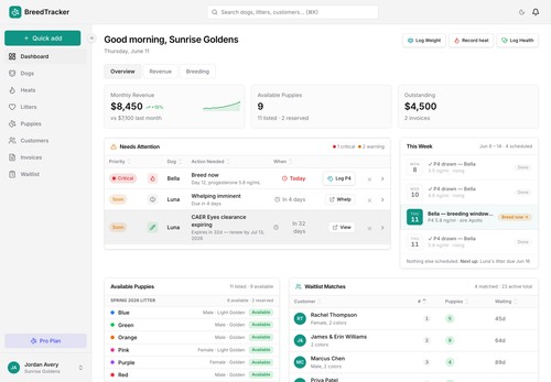 Dashboard overview - KPIs, active heats, breeding status, revenue, and waitlist matches at a glance