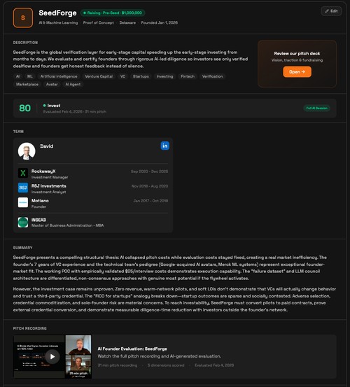 The SeedForge profile investors explore before a call: recorded AI session, connected data and metrics, and analysis in one shareable link.