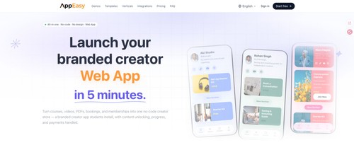 AppEasy homepage showing branded Web App examples and content delivery positioning.
