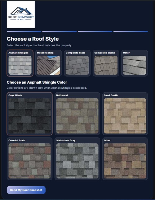 Roof Snapshot Pro roof style selector showing asphalt shingles, metal roofing, composite slate, shake, and shingle color options.