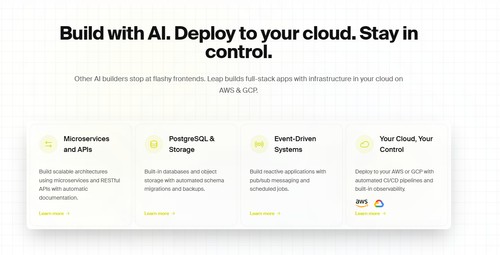 Own your code and deploy to your own cloud. Create your own app using AI with Leap, and deploy to your cloud on AWS or GCP.
