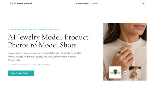 Jewelry Model AI homepage and hero section showing the product positioning and main call to action.