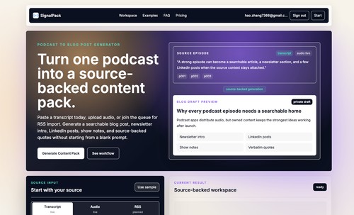 home page of the app