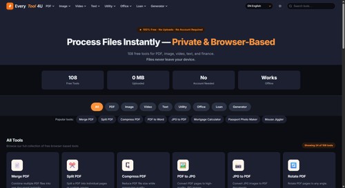 EveryTool4U homepage showing free browser tools for PDF, image, QR, JSON and productivity workflows.