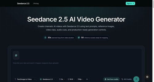 Seedance 2.5 homepage and AI video generation workspace.