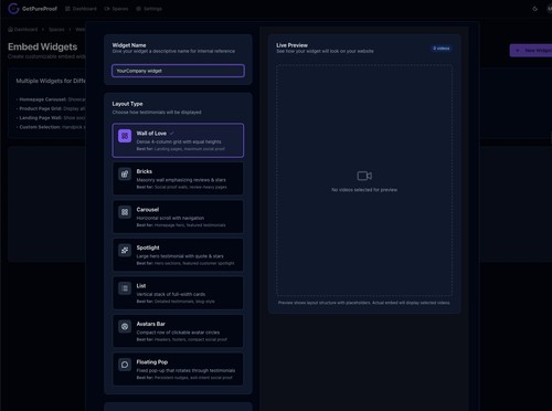 Seven embed layouts (Wall of Love, Carousel, Bricks, Spotlight, and more) that load async, so testimonials never slow your site.