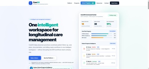 CareOS Command Center demo workspace showing care plan progress and Patient Progress Intelligence.