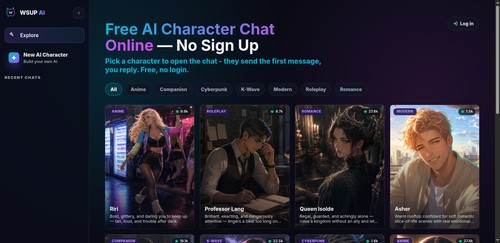 WSUP AI homepage showing free browser-based AI character chat and character discovery.