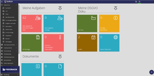 Central GDPR workspace for tasks, records, TOMs, processor agreements, audits, reports and documentation.