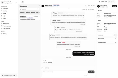 Unified Leadping inbox for managing SMS conversations, calls, lead activity, assignments, and follow-up workflows.