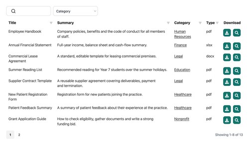 Searchable document library with filters