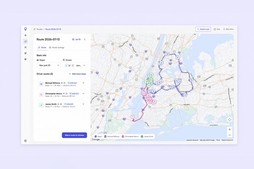 Optiway web dispatch dashboard showing optimized multi-driver routes on an interactive map, with assigned drivers, stop sequences and route details