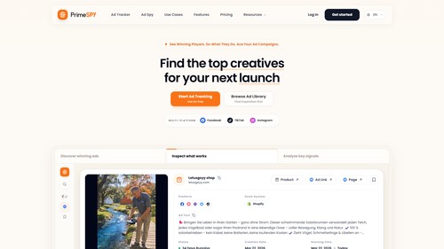 PrimeSpy interface for finding and reviewing Meta ads across advertiser and campaign research workflows.