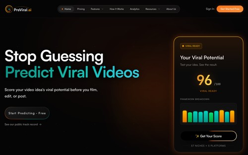 PreViral homepage – AI video performance prediction: know how your video will perform before you create it.