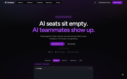 Runbear homepage showing shared AI teammates in Slack and Microsoft Teams.