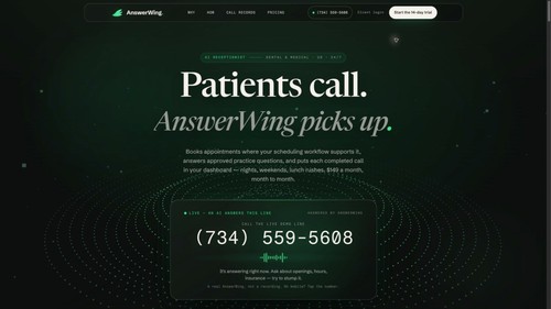 AnswerWing homepage showing the live AI receptionist demo line.