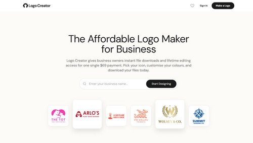 Start designing instantly. Enter your business name to find original, human-crafted logos. Get complete files for a single $69 payment.