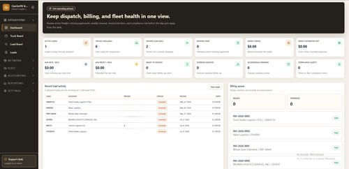 CarrierOS AI dashboard gives trucking carriers a clear operating picture in one place. Dispatch, billing, fleet health, paperwork, revenue, invoice et
