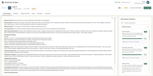 Structured dental clinical notes with supporting conversation evidence for clinician review.