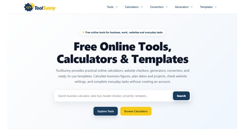 ToolSunny homepage showcasing free online calculators, converters, generators, SEO tools, and practical templates for everyday tasks.