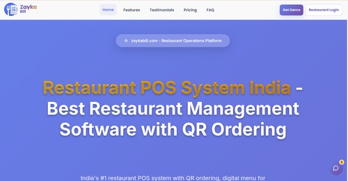 Homepage of ZaykaBill showcasing the all-in-one restaurant POS platform with key features including GST billing, KOT, QR ordering, staff management, a