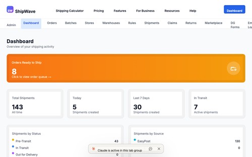 ShipWave dashboard for managing ecommerce shipping, carrier rates, labels, orders, and shipment activity.