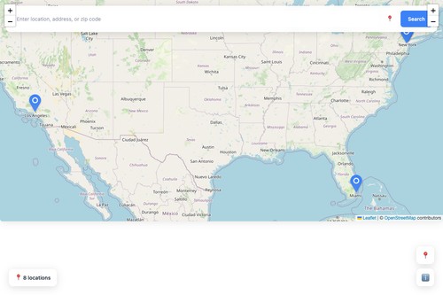 Maptera full-map store locator with nearby-location search, custom map styling, and business location details.