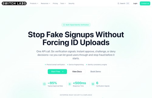 SwitchID multi-signal identity verification API for evaluating fraud risk while keeping legitimate signup flows fast.