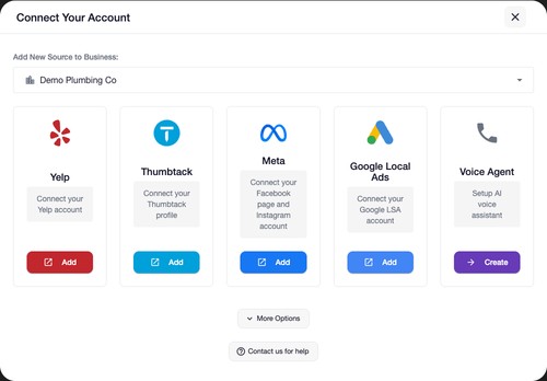 Connect Yelp, Thumbtack, Facebook, Instagram, Google LSA, and an AI voice agent from one screen.