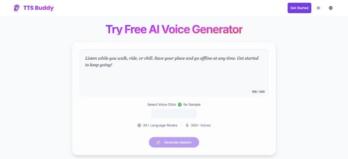 TTS Buddy homepage showing the free AI voice generator with 30+ language modes and 300+ voices.