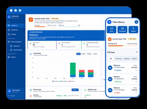 360 CallAnchor's dashboard provides a unified view of business call activity across desktop and mobile. The platform automatically captures, records