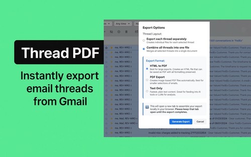 ThreadPDF for Gmail bulk email-thread PDF export interface.