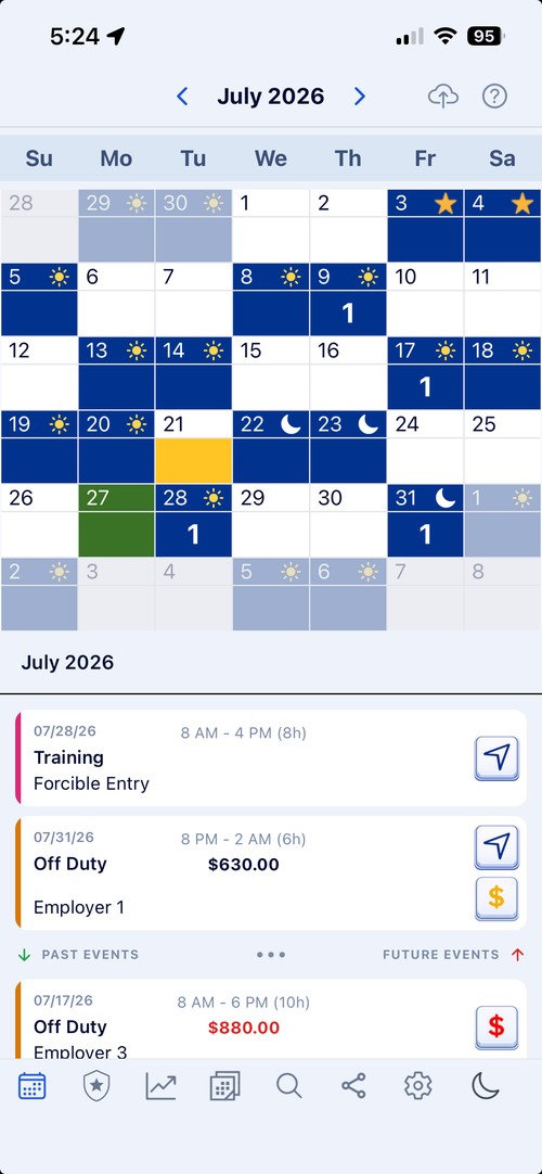 Manage repeating rotating shifts, off-duty jobs, 1099 income, mileage, and schedules in one police calendar app.