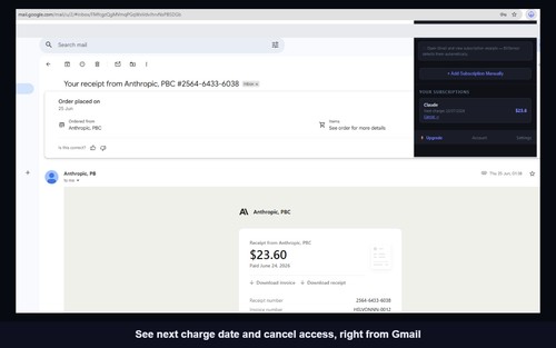BillSensor automatically detects a subscription receipt in Gmail and displays the next renewal date and cancellation link within the browser extension