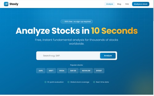 Enter any ticker symbol and start a free 10-second analysis — no sign-up required.
