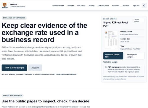 FXProof homepage showing how to view a signed sample, verify its metadata, and open a ready proof bundle in an account.