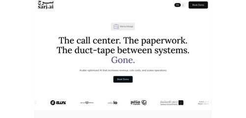 Sarj AI homepage: Arabic-optimized AI for call-center workflows and connected business systems.