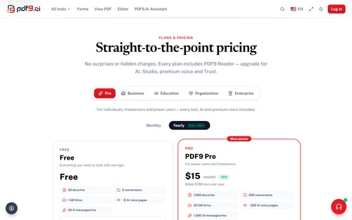 Plans & Pricing Page — Pro, Business, Education, Enterprise