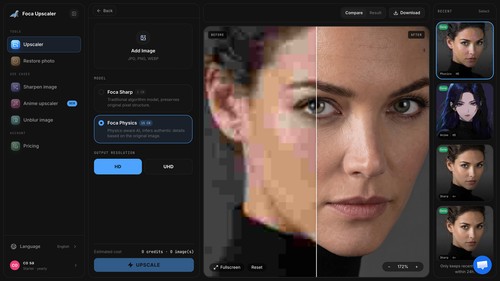 Foca Upscaler workspace for browser-based AI image enhancement and natural detail recovery.