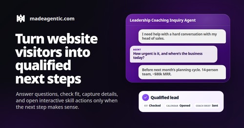 MadeAgentic shows how a browser-based voice and text agent can answer a visitor, check fit, capture useful context, and open the right next step.