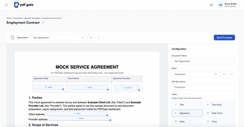 Dashboard digital signature template setup