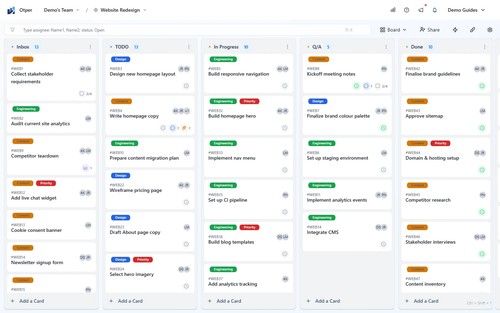 Visualize project work across customizable Kanban stages including Inbox, To Do, In Progress, QA, and Done, with task ownership, labels, priorities, a