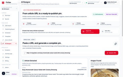 Paste a URL. Get pin titles, descriptions and designs from your article - not a generic template.