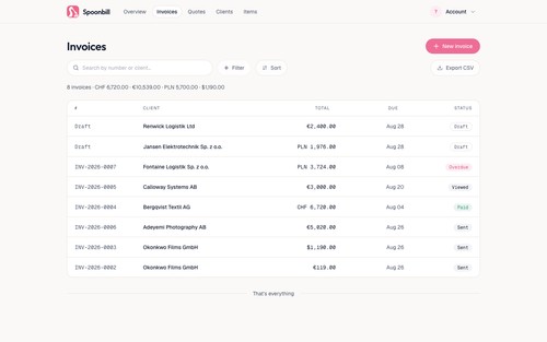Invoice list with live sent, viewed, paid and overdue status