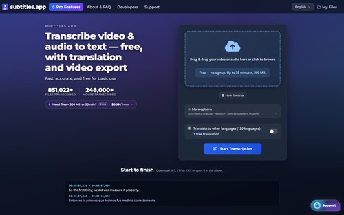 Subtitles.app home page with video and audio upload, transcription options, translation, and download formats.