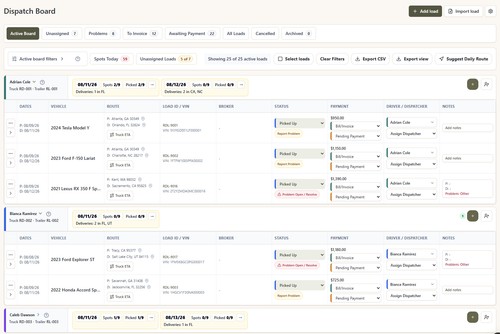 Active Board for car-hauling dispatch, capacity, driver, truck, trailer, and load status visibility.