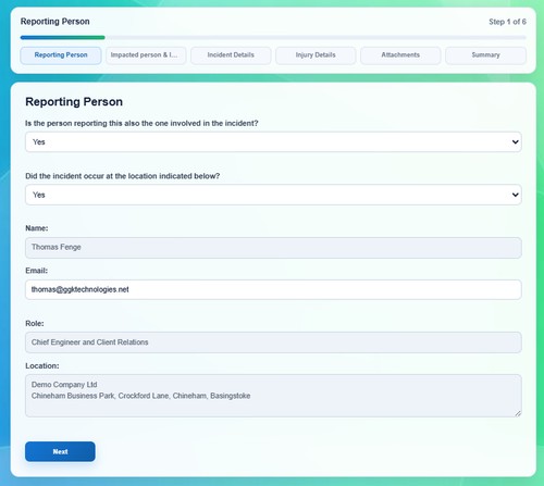 Reporting Incident screen on desktop - Mobile version looks slightly different.